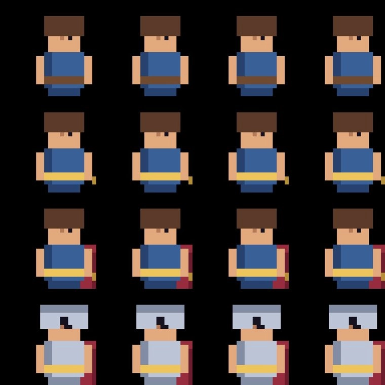 Griglia di ritratti in pixel art dello stesso personaggio che evolve per livelli: cintura, mantello rosso, poi armatura argentata.