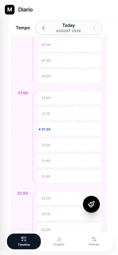 Life OS, timeline del giorno divisa in blocchi da dieci minuti.