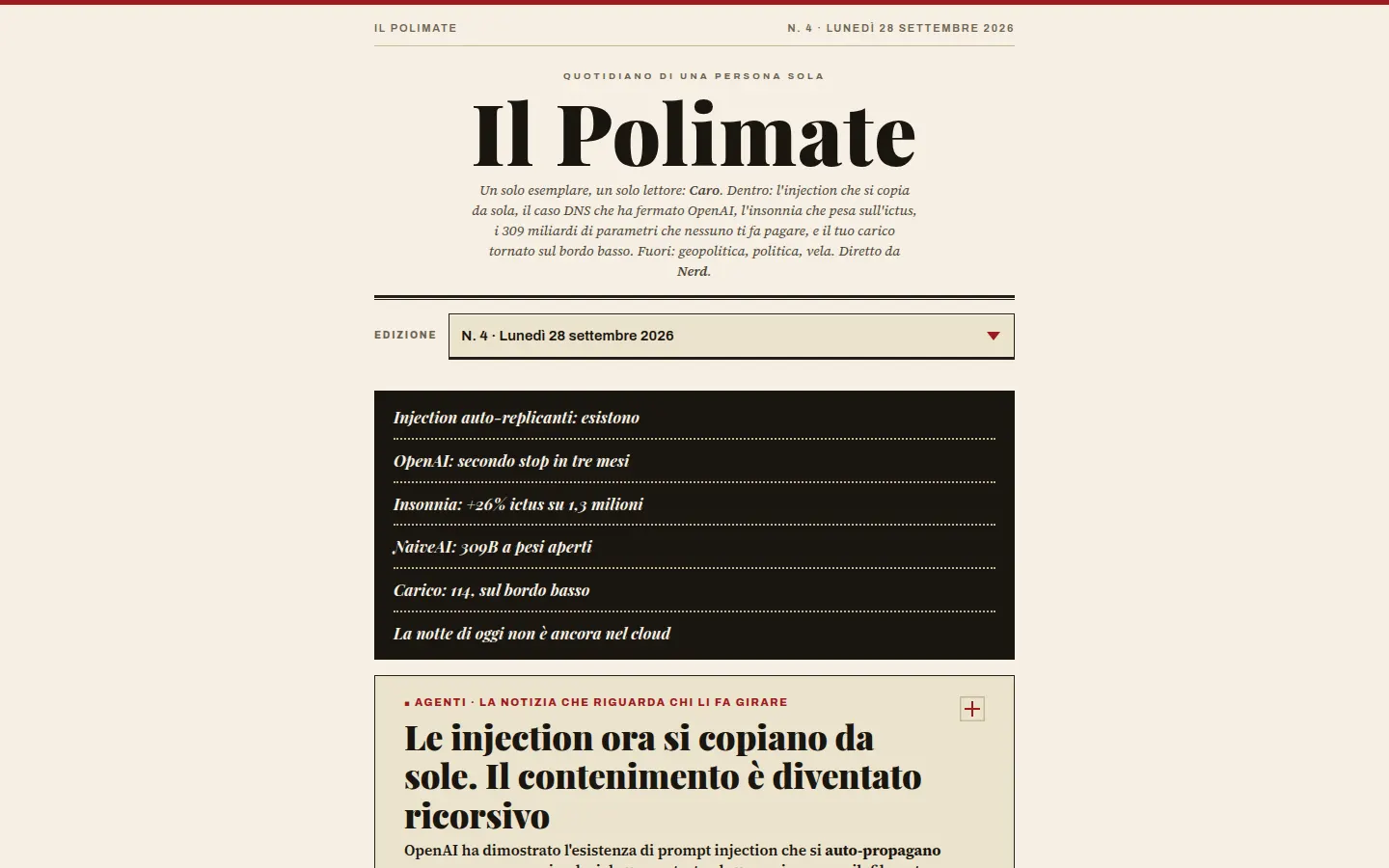 Il Polimate su desktop: testata "Il Polimate", selettore dell’edizione e sommario delle notizie del giorno su fondo color carta.