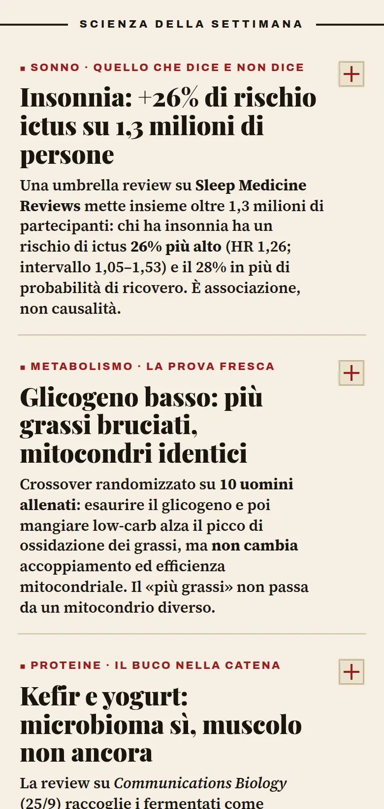 Il Polimate su mobile: sezione "Scienza della settimana" con card su sonno, metabolismo e proteine.