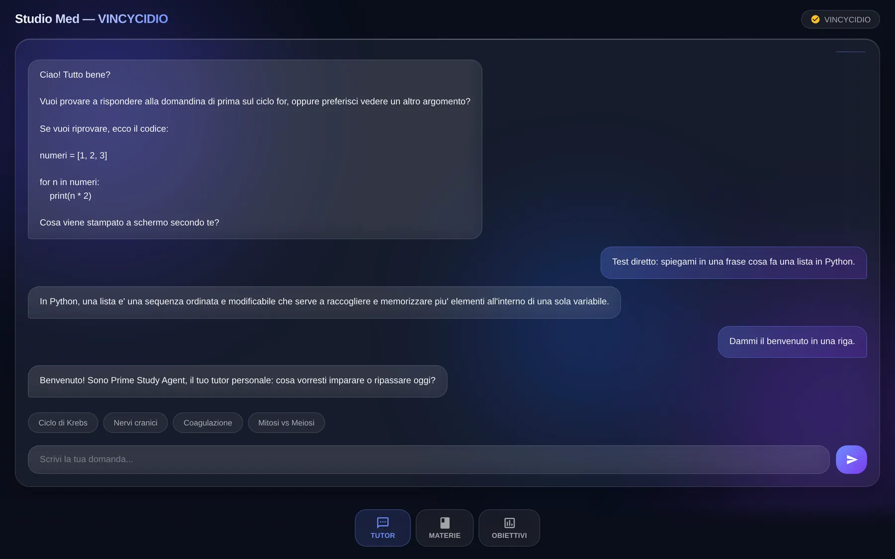 Study UI Lab, direzione scura: chat del tutor con suggerimenti di argomenti come ciclo di Krebs e nervi cranici.