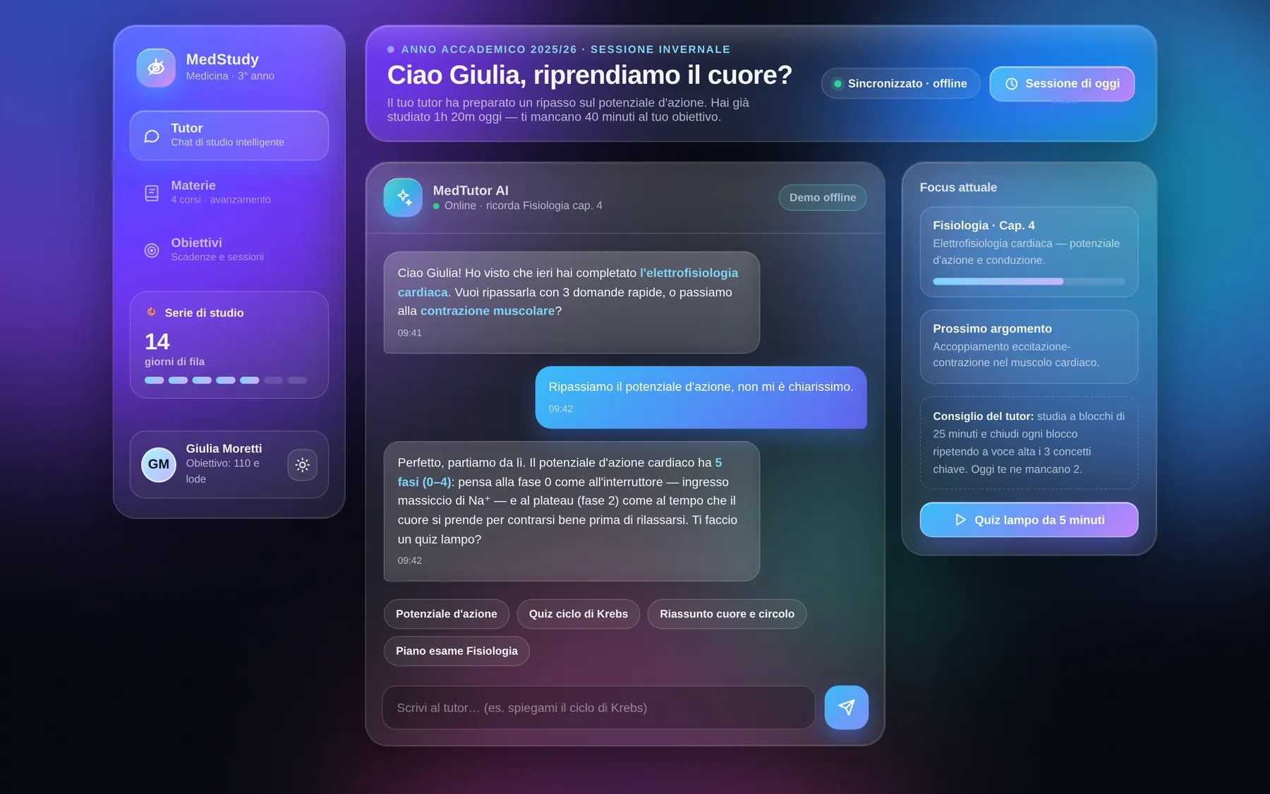 Study UI Lab, direzione "muse": interfaccia a pannelli in vetro su sfondo viola e blu con chat del tutor e focus di studio.